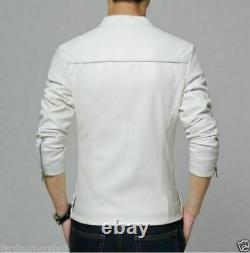 100% New Men's Leather Jackets Outfit Biker White Leather Jacket 344