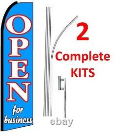 2 (two) OPEN FOR BUSINESS blue 15' SWOOPER #1 FEATHER FLAGS KIT with poles+spike