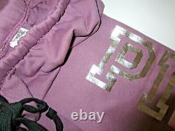BLING Victoria Secret Pink MAUVE ICE LOGO SWEAT ZIP HOODIE CLASSIC PANT SET L XL
