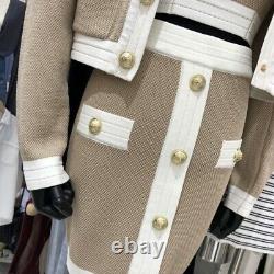 Beige white tweed knit gold button skirt top jacket set suit outfit 3 pc lux