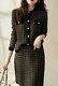 Black Gold Tweed Plaid Knit Knitted Cardigan Jacket Skirt Suit Set Outfit 2 Pcs