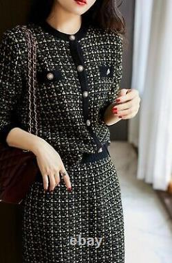 Black gold tweed plaid knit knitted cardigan jacket skirt suit set outfit 2 pcs