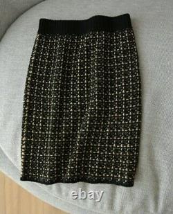Black gold tweed plaid knit knitted cardigan jacket skirt suit set outfit 2 pcs