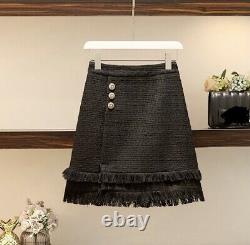 Black tweed fringed gold button skirt blazer jacket suit set outfit lux chic