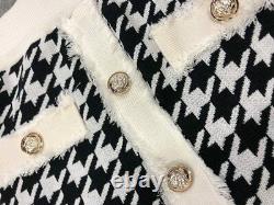 Black white houndstooth fringe gold button knit skirt jacket suit set outfit 2