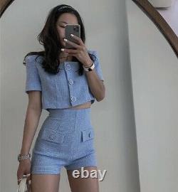 Blue cream chic classic tailored tweed twill shorts top blouse outfit set 2