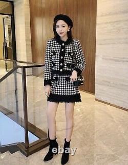 Chic black white gold houndstooth knit skirt cardigan jacket suit set outfit