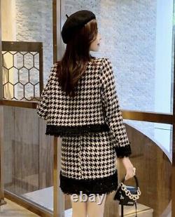 Chic black white gold houndstooth knit skirt cardigan jacket suit set outfit