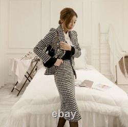 Chic black white houndstooth tweed pencil skirt jacket blazer suit set outfit