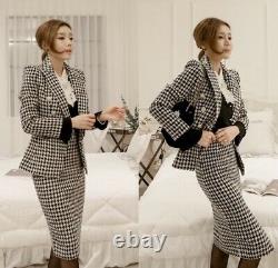 Chic black white houndstooth tweed pencil skirt jacket blazer suit set outfit