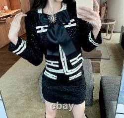 Chic black white shimmer tweed skirt jacket blazer suit set outfit baroque