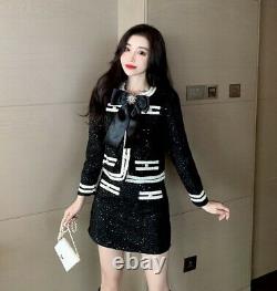 Chic black white shimmer tweed skirt jacket blazer suit set outfit baroque