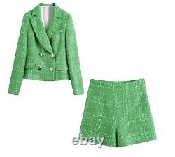 Chic bright green plaid tweed shorts blazer jacket set gold suit set outfit 2 pc