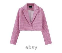 Chic candy pink tweed bra bustier top skirt jacket blazer 3 pc suit set outfit