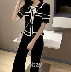 Chic classic black white knit trousers pants top sweater jacket suit set outfit