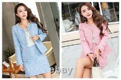 Chic classic pink blue pearl tweed skirt jacket blazer suit set outfit 2