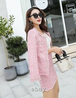 Chic classic pink blue pearl tweed skirt jacket blazer suit set outfit 2