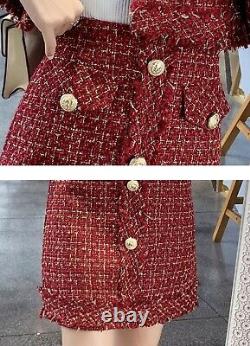 Chic classic red gold tweed twill plaid skirt jacket blazer suit set outfit 2 pc