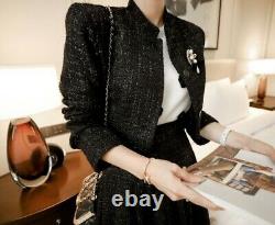 Chic elegant silver black tweed a line long skirt jacket blazer suit set outfit