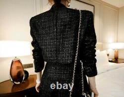 Chic elegant silver black tweed a line long skirt jacket blazer suit set outfit