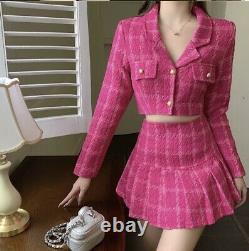Chic hot pink plaid tweed gold skirt short crop jacket blazer suit set outfit