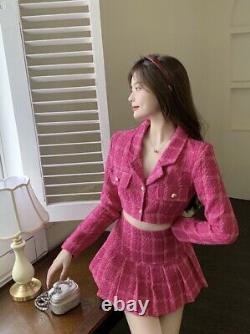 Chic hot pink plaid tweed gold skirt short crop jacket blazer suit set outfit