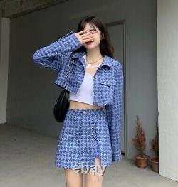 Chic houndstooth blue skirt blazer jacket suit outfit set