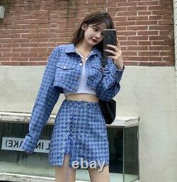 Chic houndstooth blue skirt blazer jacket suit outfit set