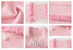 Chic lux cashmere pearl pink tweed skirt blazer jacket coat suit outfit set 2