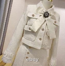 Chic luxury twill tweed gold skirt blazer jacket suit set outfit cream black