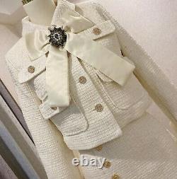 Chic luxury twill tweed gold skirt blazer jacket suit set outfit cream black