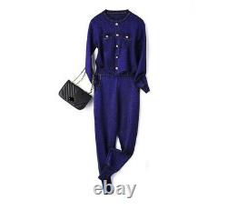 Chic shimmer blue navy gold knit tracksuit sweater trousers pants set outfit 2