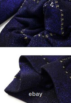 Chic shimmer blue navy gold knit tracksuit sweater trousers pants set outfit 2