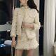 Chic Tweed Cream Beige Gold Plaid Pearl Skirt Blazer Jacket Suit Outfit Set