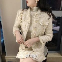 Chic tweed cream beige gold plaid pearl skirt blazer jacket suit outfit set