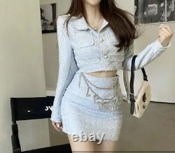 Chic tweed ice blue pink skirt short crop blazer jacket pearl suit outfit set
