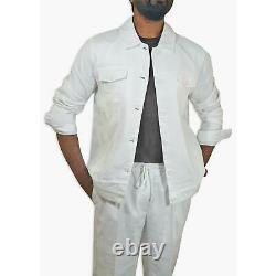 Cigar Men's White Ramie Linen Modern Fit Button Up Jacket Two Piece Outfit