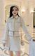 Classic Chic White Black Gold Pearl Tweed Skirt Blazer Jacket Suit Outfit Set