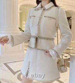 Classic chic white black gold pearl tweed skirt blazer jacket suit outfit set