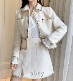 Classic chic white black gold pearl tweed skirt blazer jacket suit outfit set