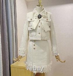 Cream tailored tweed chic gold button skirt blazer jacket suit set outfit lapel