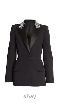 Customized Women Overlap Black Cotton Tuxedo Stone Work Blazer Prom Set Outfit