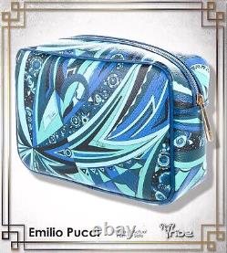 Emilio Pucci Porta Blue Geometric Print Lined Leather Dopp Kit Toiletry Bag NWT