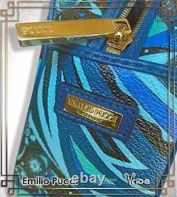 Emilio Pucci Porta Blue Geometric Print Lined Leather Dopp Kit Toiletry Bag NWT