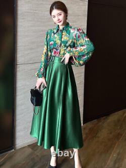 Fashion Womens Floral Print Chiffon Blouse High Waist Skirt Set Outfit 2pc Suits