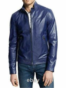 Genuine Leather Jacket for Men Biker Motorcycle Real Lambskin Blue Basic Outfit