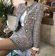 Grey Multicolor Plaid Tweed Fringe Pearl Skirt Jacket Blazer Suit Set Outfit 2