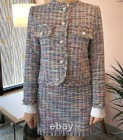 Grey multicolor plaid tweed fringe pearl skirt jacket blazer suit set outfit 2