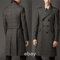 Houndstooth Men Woolen Overcoats Plaid Double Breasted Long Coat Business Outfit