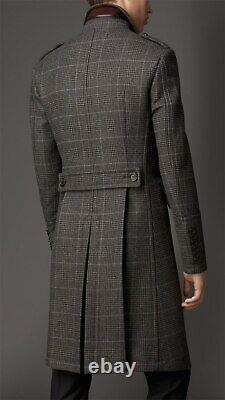 Houndstooth Men Woolen Overcoats Plaid Double Breasted Long Coat Business Outfit